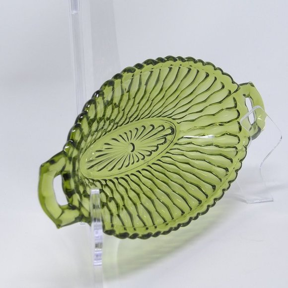 Vintage Indiana Glass Avocado Green Honeycomb Oval 2 Handled Relish Dish Bowl Tr - Picture 6 of 10